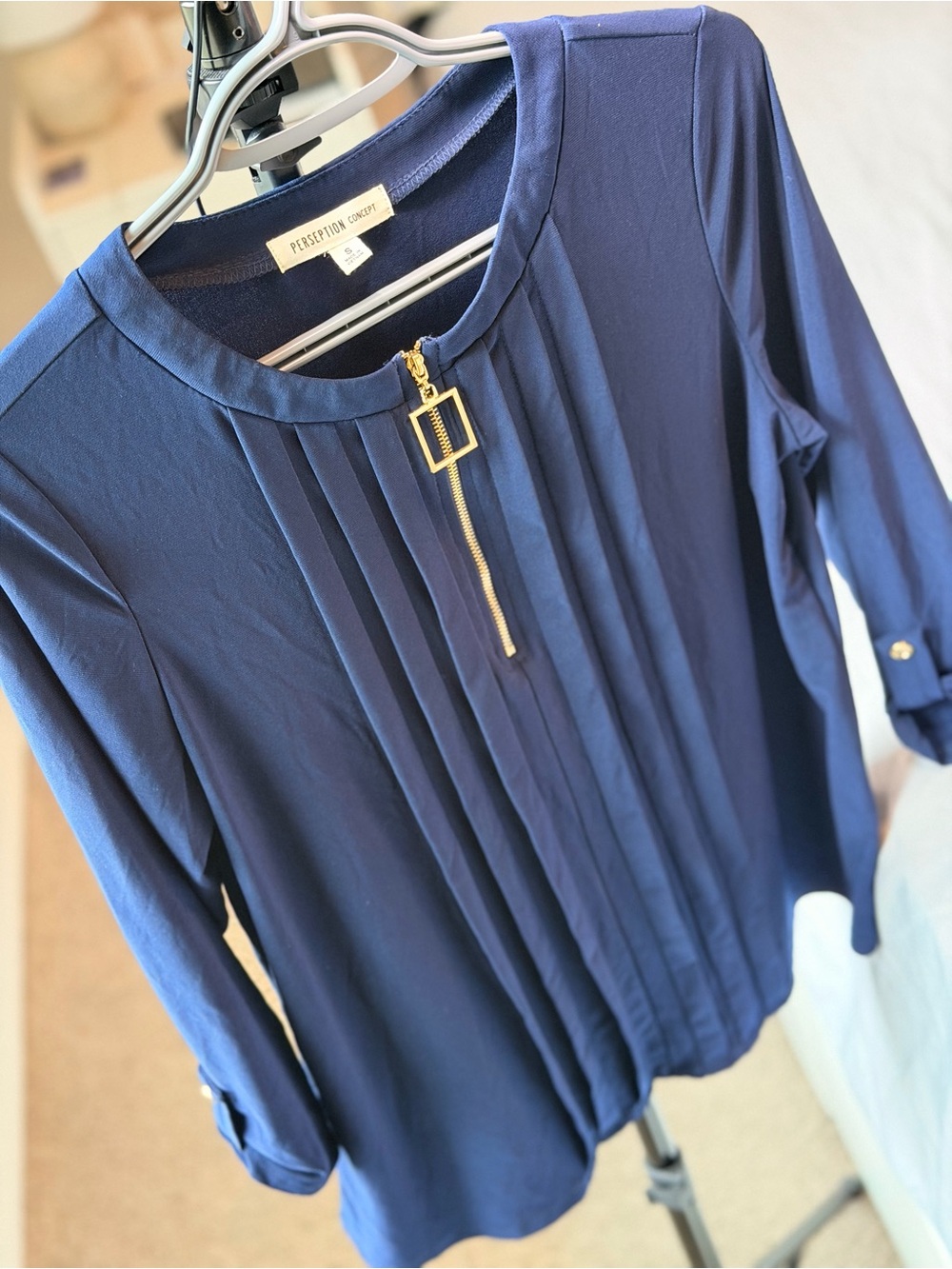 PerSeption Concept Navy Pleated Zip-Front Top with Gold Accent